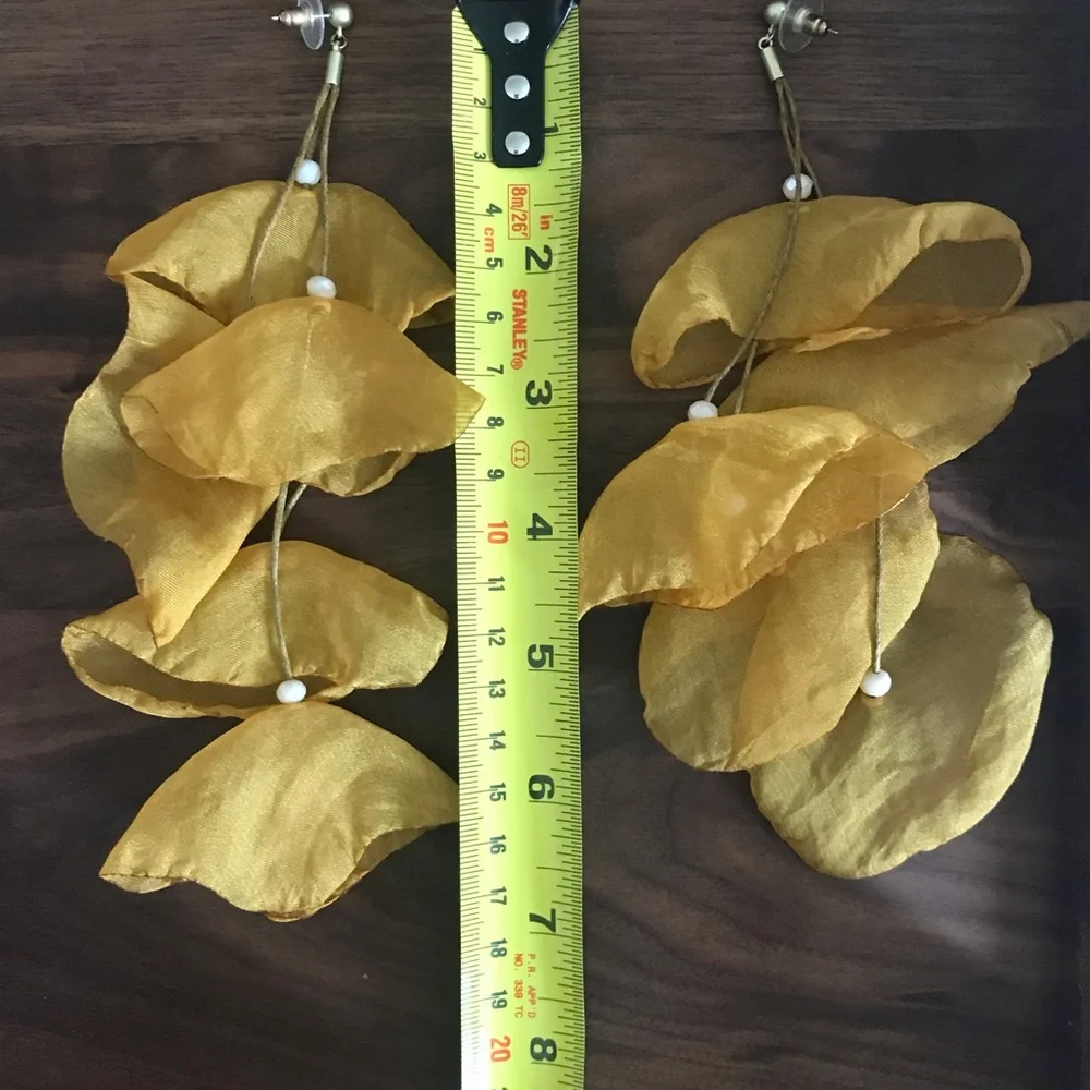 Handmade Organza Petal Pearl Drop Duster Earrings in Mustard Yellow 6.5 inches